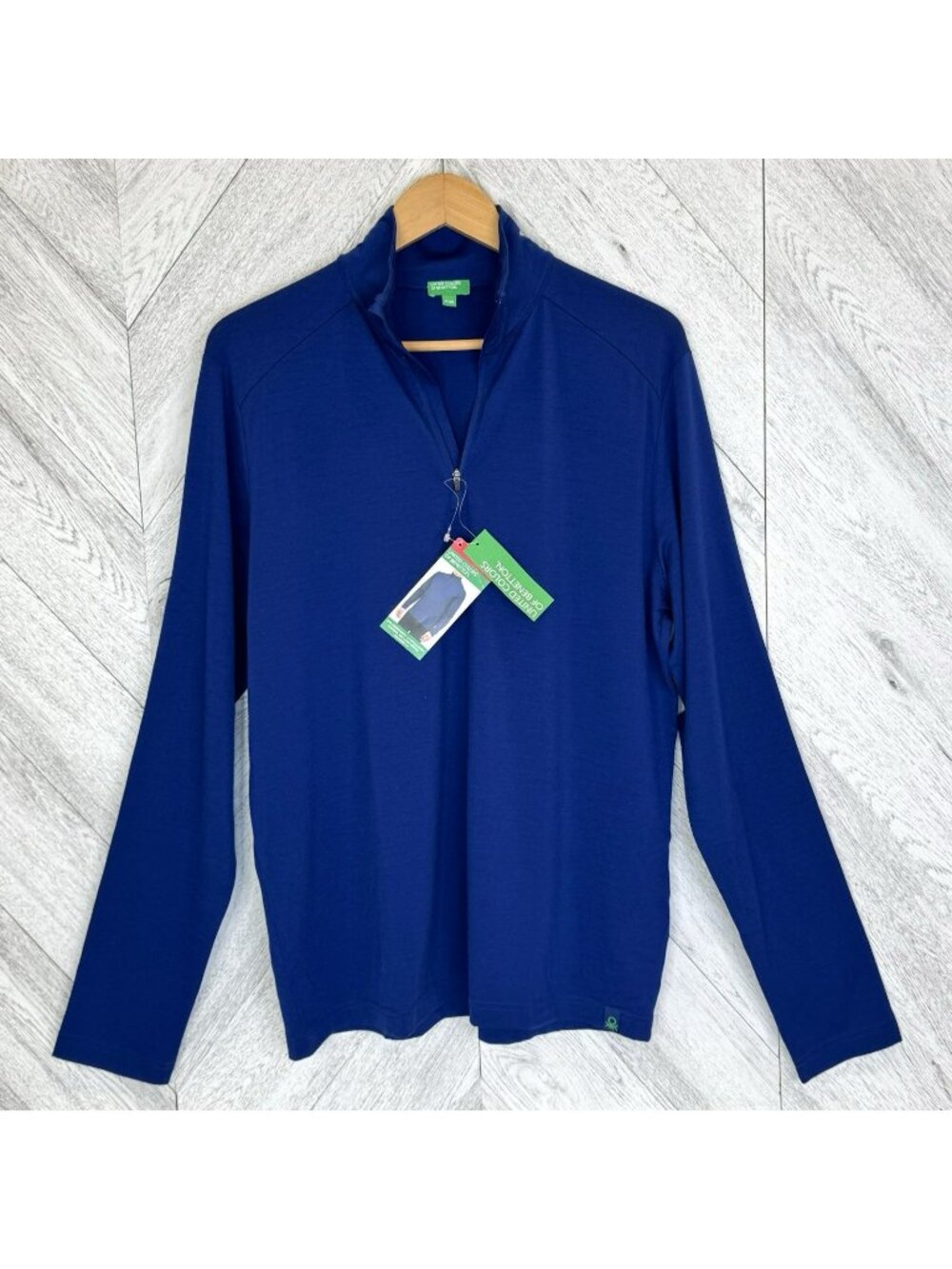 Benetton 100% Merino Wool 1/4 Zip Base Layer Shirt Blue Mens Medium NEW NWT
